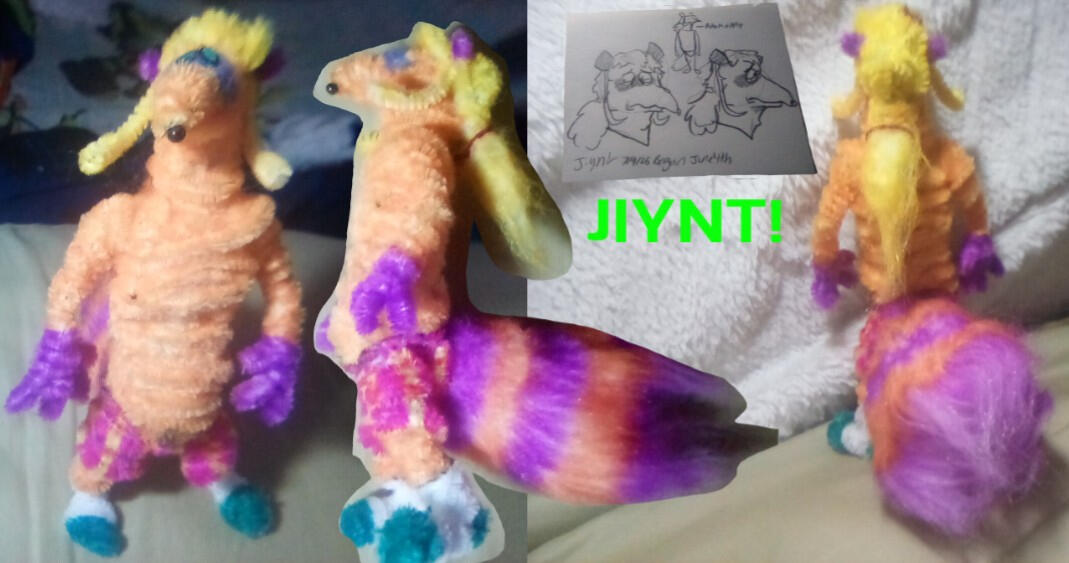 Made with pipe cleaners, cotton stuffing, hair-tie, cardboard, sharpie and faux fur! Roughly 6 inches! 2025